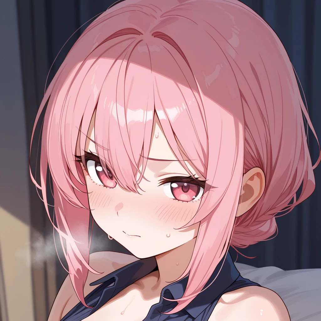 (Highest quality, 4K, 8k, High Resolutiの上, masterpiece:1.2), Very detailed, Picturesque, Anime-style photos, Photo Animatiの上:1.37)、Japanese junior high school student、(Pink Hair)、(Pixie Cut)、(((Plain black shirt)))、(black short pants)、On the bed、spend legs、angry、anger vein、bukkake、((cum on hair))、cum on face、cum on clothes、trembling、Sweat、Drooling、vapor、Black choker、Open your mouth、Nakano Ichika