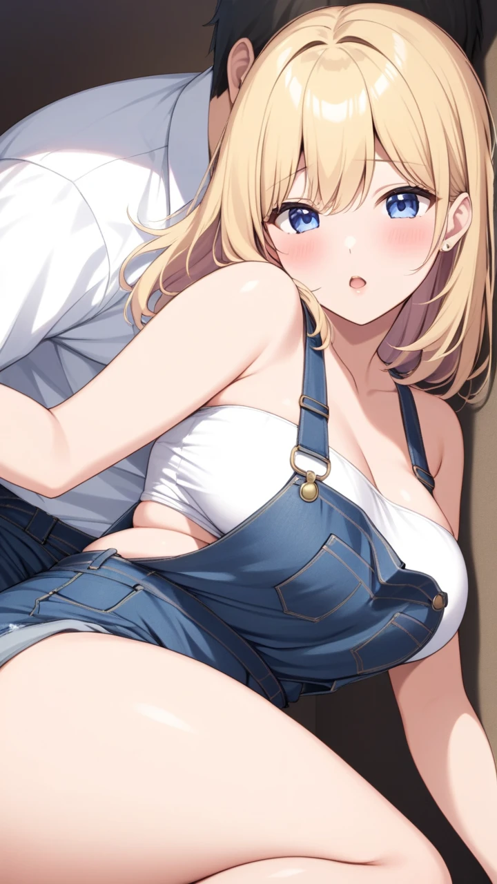 masterpiece, best quality, the guy inserts his big penis into the side hole of the beautiful girl's shirt and touches the big breasts of the yellow hair pink eyes, which are showing off her smooth armpits