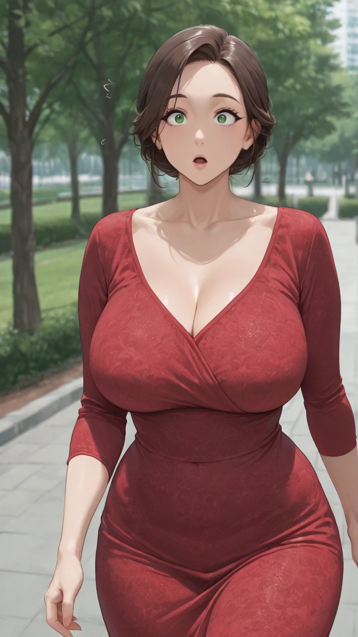 ((masterpiece, best quality, 8k, high resolution)), cartoon style, detailed skin, milf mother , sexy body , big breasts , cleavage , revealing clothes , red background