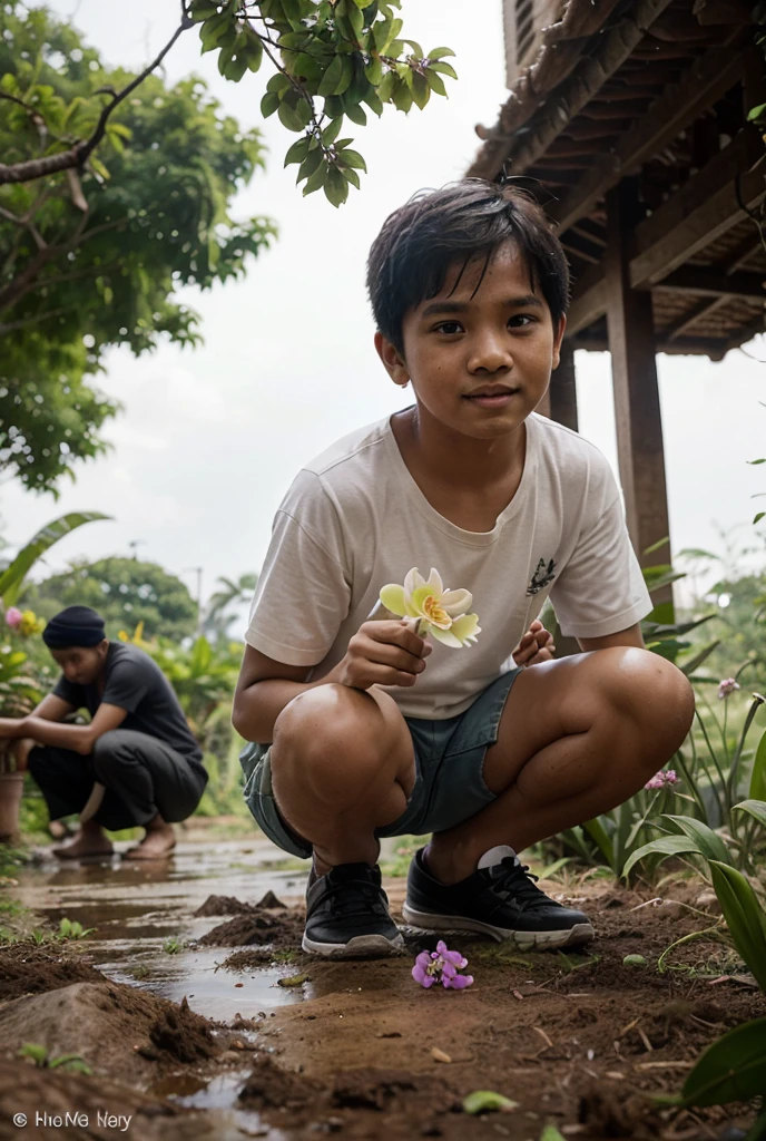A young boy who has a slit in his forearm, and inside there are white orchid flowers, and he picked one of those flowers.