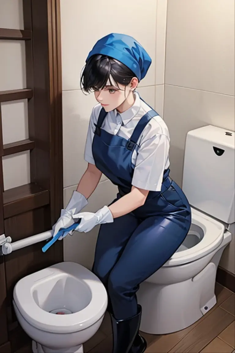 A mature woman with short black hair, wearing a navy blue long-sleeved shirt and light blue slacks, wearing large pink gloves and white rubber boots, cleaning a dirty toilet