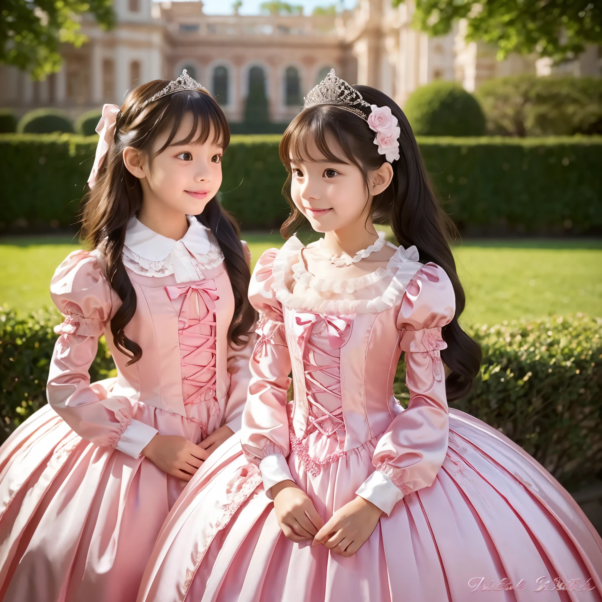 highest quality, masterpiece, highest resolution, artwork, super be familiar with, many detailed, detailed, be familiar with, woman, 10 years old,two girls are princesses,pink victorian dress,long sleeve,long dress,Dress with lots of frills and ribbons,Satin fabric,luxury