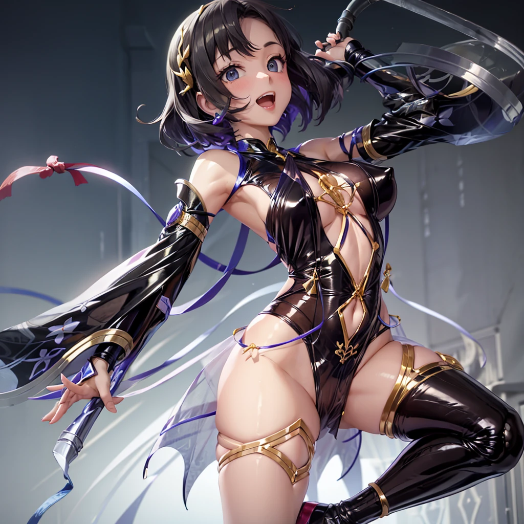 super high quality, (8k, RAW photo, realistic), detailed and delicate depiction and flashy and dynamic painting method, very beautiful woman, annoying sexy expressions, shining blue big eyes, (flat chest:1.3), slender, red big thick lips, wearing micro thong bikini, black messy ponytail, background colorful wall, iridescent, professional flare lighting