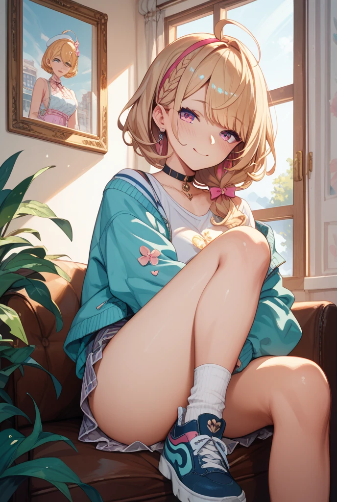 ((Masterpiece)), (Best Quality), Solo, Tsunomaki Watame, hair bun, WatameSleep, blue jacket, open jacket, camisole, hairclip, thigh strap, hair flower, short shorts, pink shorts, barefoot, (NSFW:1.3), Full Body