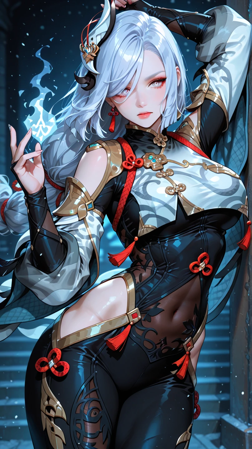 ultra-detailed girl with sexy cropped gray hair,white hair,glasses,short black dress,realistic,photorealistic,hyper-detailed,8k,masterpiece,vibrant colors,dramatic lighting,beautiful detailed eyes,beautiful detailed lips,extremely detailed eyes and face,long eyelashes,porcelain skin,elegant pose,cinematic lighting,chiaroscuro lighting,moody atmosphere,dark and gritty,dramatic shadows,cinematic color palette,dramatic contrast,cinematic framing
