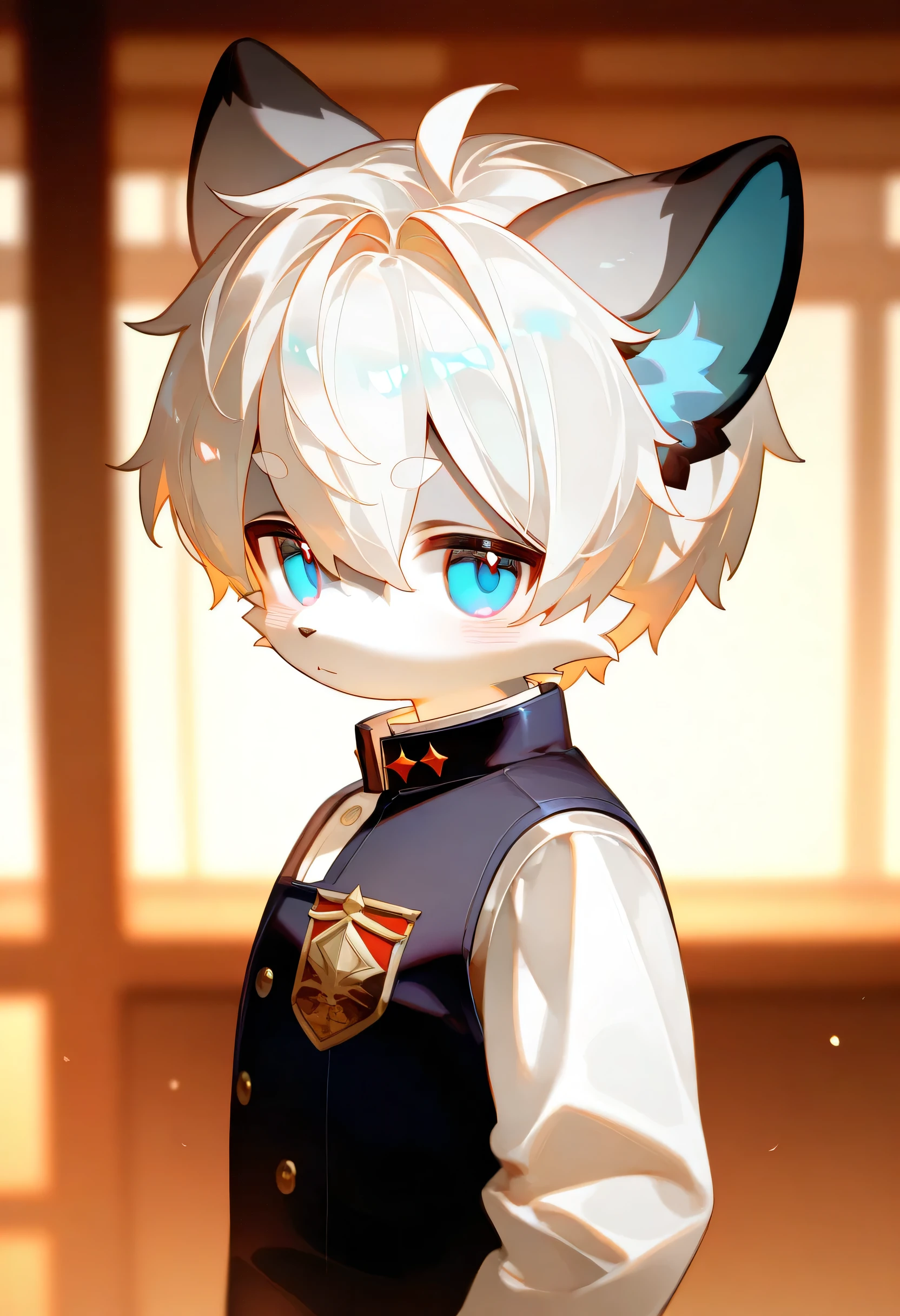 (lv1  _ Rubily ), xi410,  748 cm , alens       , nyalia  , Advantages ,   1 boy  ,  unique ,  Furry,   cute, beast,   Masterpiece,  best quality, Very detailed,Has white hair and gray fur , cat,,participate, Furry毛 ,Drop ears , unique,trend, blurry background ,school uniforms,Happiness,best quality