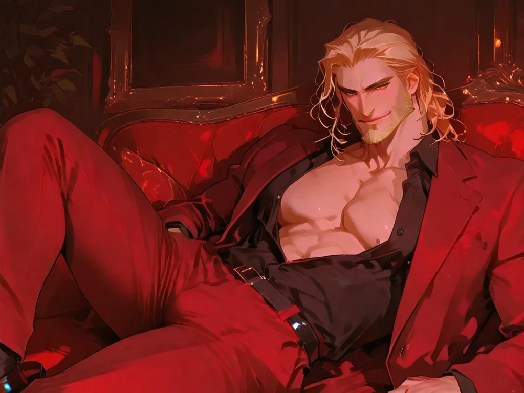 vampire man with super long white-blonde hair, red eyes, burn mark on right area of face, sitting on a dark throne in a dark castle