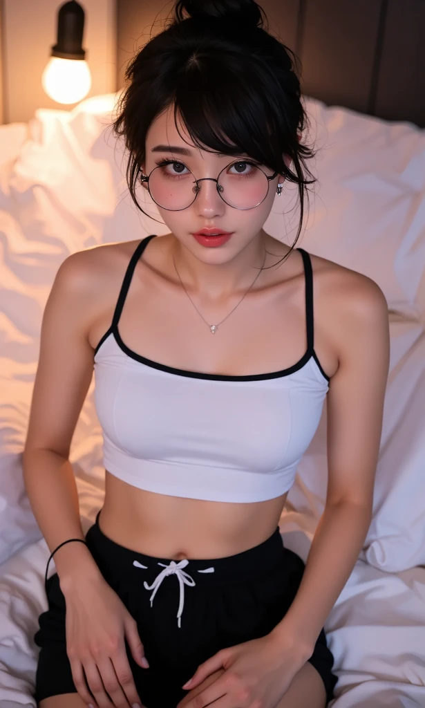 score_9, score_8_up, score_7_up, BREAK,
realistic, photographic, real life, analog style, raw photo, masterpiece, best quality, highly detailed skin, (view from above), 1girl, leaning forward, torn yoga pant, bare shoulders, strapless bra, very long white hairs, hairs in multiples braids, freckles, deep blue eyes, round glasses, skinny body, soft abs, (narrow waist:1.7), scenery, cinematic lighting, volumetric lighting, strapless, off shoulder torn camo crop top, cleavage, torn stockings, ultra micro denim skirt, dynamic pose, in bed, scenery, cinematic lighting, volumetric lighting, sitting on a pillow, rubbing pillow, cowgirl pose, wet skin, wet lips, DV_Kalina_Vicious