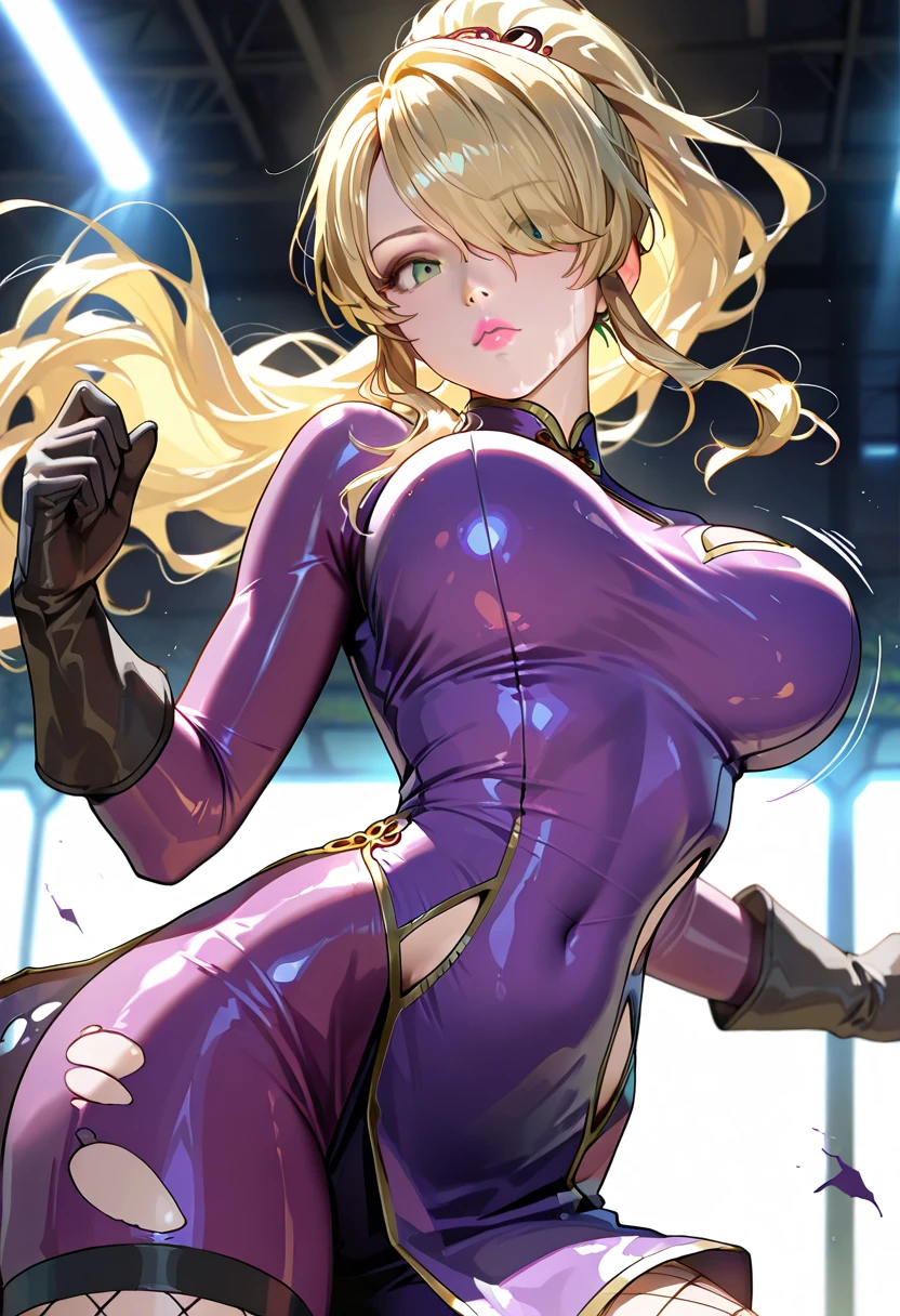 mount_lady highres 1girl ass blonde_hair bodysuit breasts covered_ eye_mask fake_horns horns impossible_clothes large_breasts looking_at_viewer looking_back purple_eyes purple_horns skin_tight solo superhero thighs torn_clothes