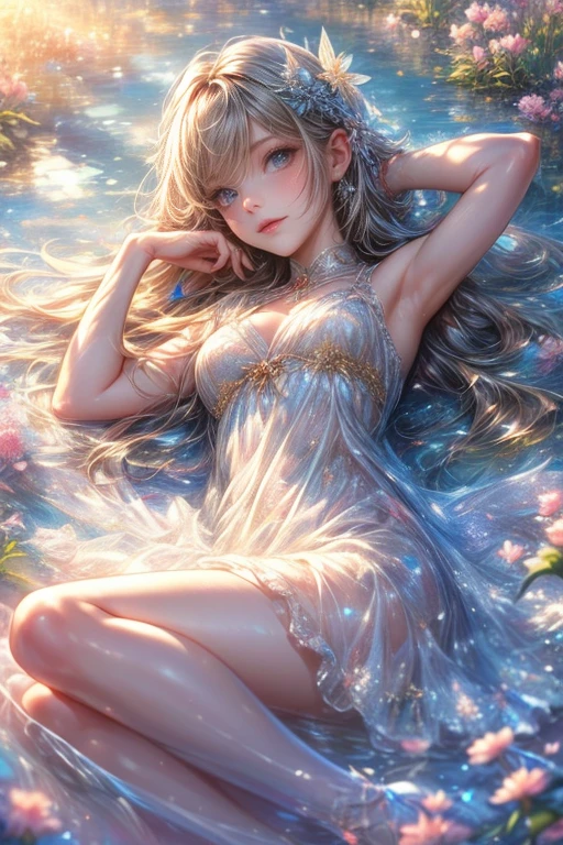 fantasic illustration, masterpiece:1.2, highest quality, highres, 16k, beautiful detailed, ultra-realistic, photo realistic:1.37,  young girl, beautiful cute 
firefly spirit princess, lying back in meadow lake, growing golden eyes, shining pupils, blushed cheek, shiny rosy lips, beautiful delicate(hair, face, eyes, pupils,dress,glass shoes), random posing