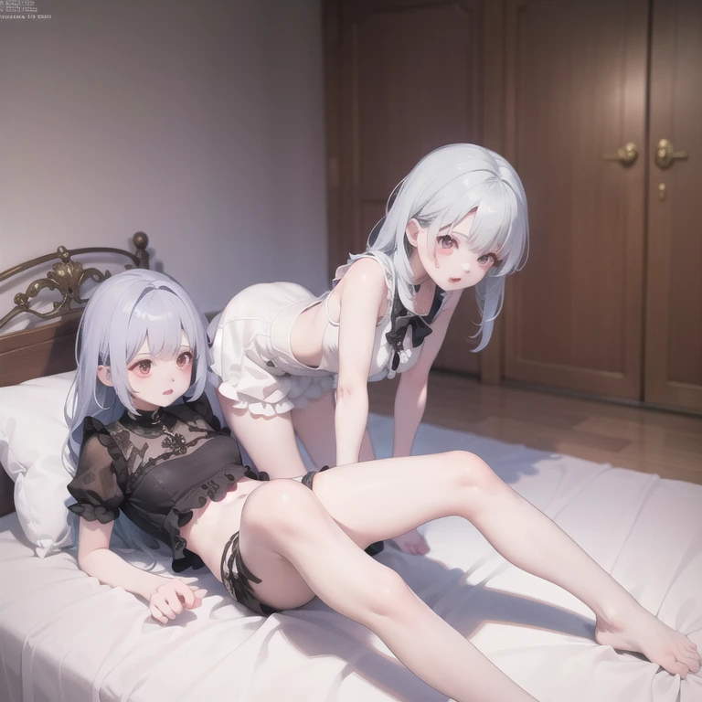 ((Girl with protruding ribs:1.4))、Sexy pose、bra、(flat chest:1.3),(skinny body:1.3)、Blushing、To blush、Thick eyes、((痩せている:1.3))、white hair, long hair, hair over one eye、messy hair, Miniskirt, (Harness:1.2) , (Angles:1.4), Feathers 、(ウサギの耳:1.3), pastel colors clothes, steam、aroused、(rolling eyes, tongue:1.3),tear:0.5,((pussy juice squirt up:1.2), (spread legs:1.2), (spread pussy1.3), one girl, fellatio, penis, fingering, schlick, masturbation