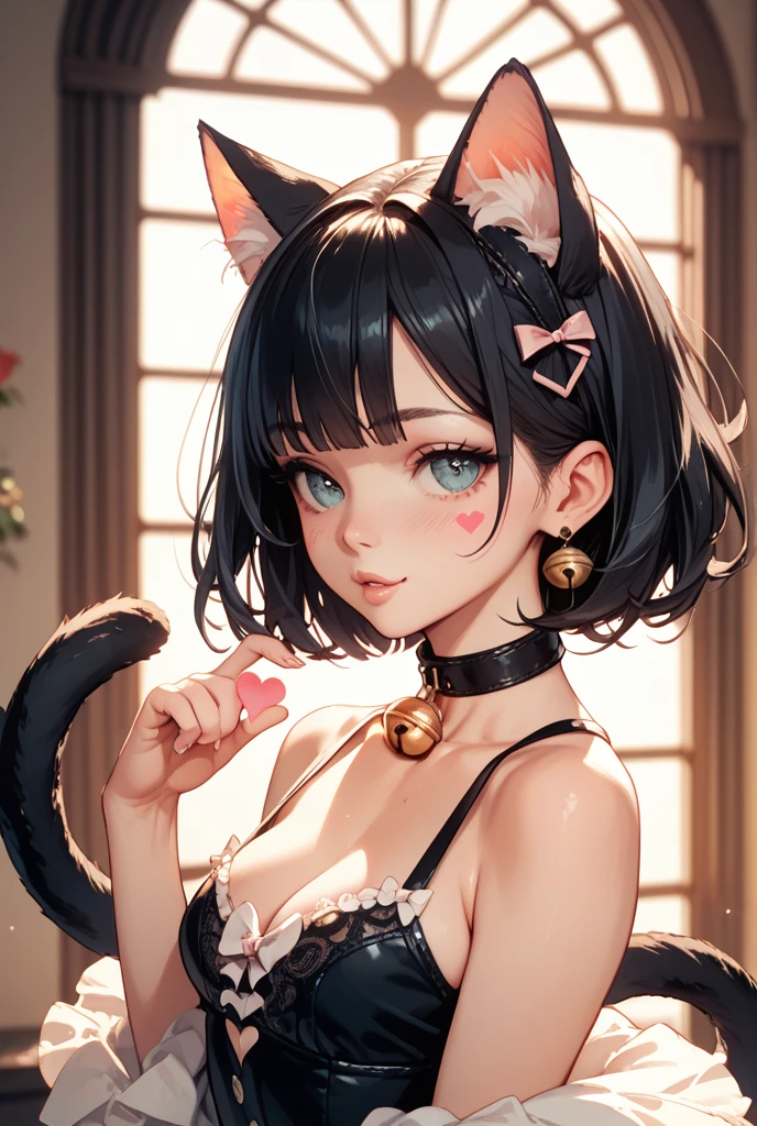 (Highest quality, masterpiece, High resolution)、4K Anime Art、(One Woman、20-year-old)、whole body、 (Detailed depiction of a cute face)、Black Hair、short hair、semi-long、Bobcut、Hair Bun、hair ornaments、(Cat ear)、Black Cat Costume、White Cat Costume、choker、(See-through chiffon lingerie)、sexy mini dress、Captivating smile、Small breasts、(Lie down in bed)、Cinematic Light、Soft Light、(indoor、dim、lamp)、(Simple Background)、((Blank Background))、
