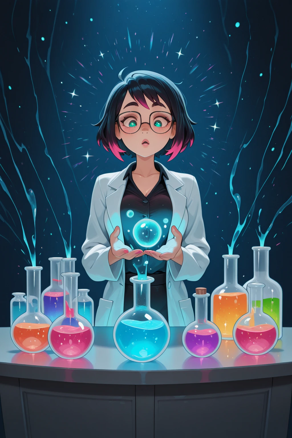 cute chemistry mascot, 1girl, beautiful detailed eyes, beautiful detailed lips, extremely detailed face and hair, lab coat, beaker, test tubes, periodic table, scientific formulas, colorful, playful, whimsical, dynamic pose, bright lighting, cinematic, vibrant colors, 8k, high quality, intricate details, digital art, illustration