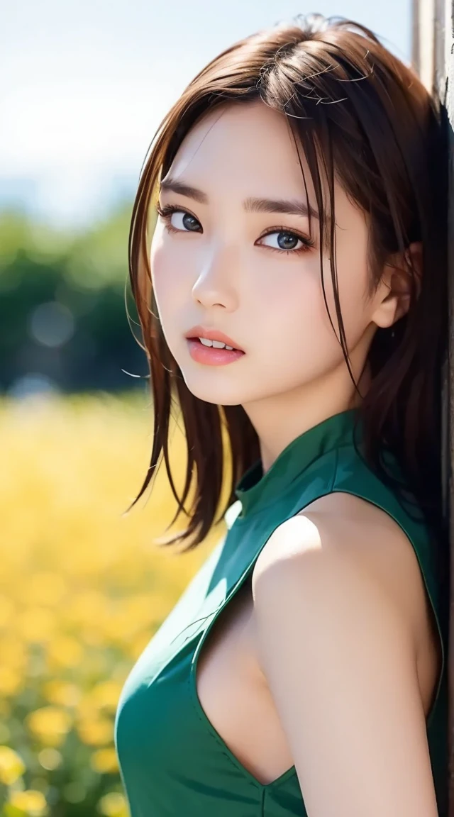 Slim、wind、High Definition CG Unity 8K Wallpaper , top quality, super detail , masterpiece, Realistic , as Realistic as in the picture, It's very detailed and cute, but it looks like she's wearing a field uniform, 5, ,, upper body , (side) , Uninhabited island ,sexy
