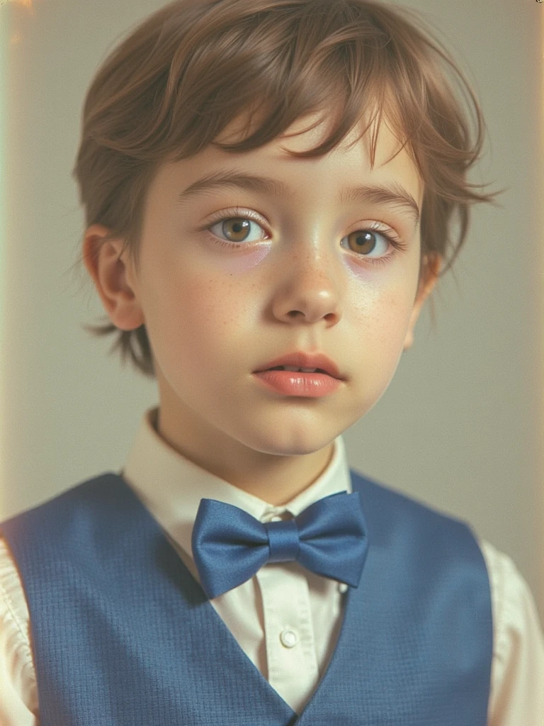 A beautiful and very tender 10-year-old boy with white skin, small blue eyes., light brown hair fine and serious features very serious at home formal clothing well-combed sad melancholic look without smile crying without exaggeration discreet tears