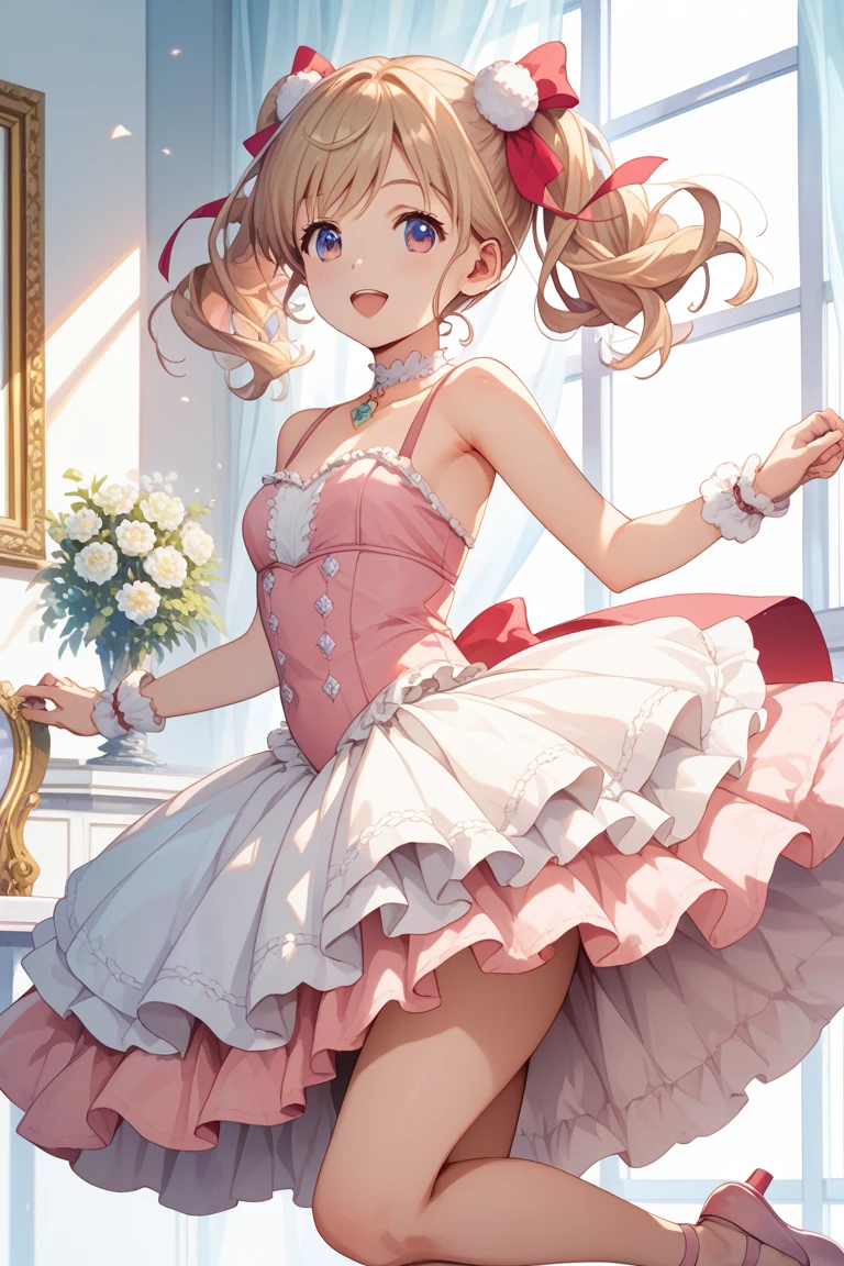 work of art, best qualityer, high resolution, pixel perfect, Depth of field, 1 girl, Solteiro, standing alone, Cute anime girl, cute art style, (face detailed), (blush), anime CG style, (medium breasts), good lighting, perfectbody, parted lips, (Sakura Kinomoto), Glossy lips, clavicle, (ballerina), Collant some mangas, (tutu), pantyhose, wood floor
