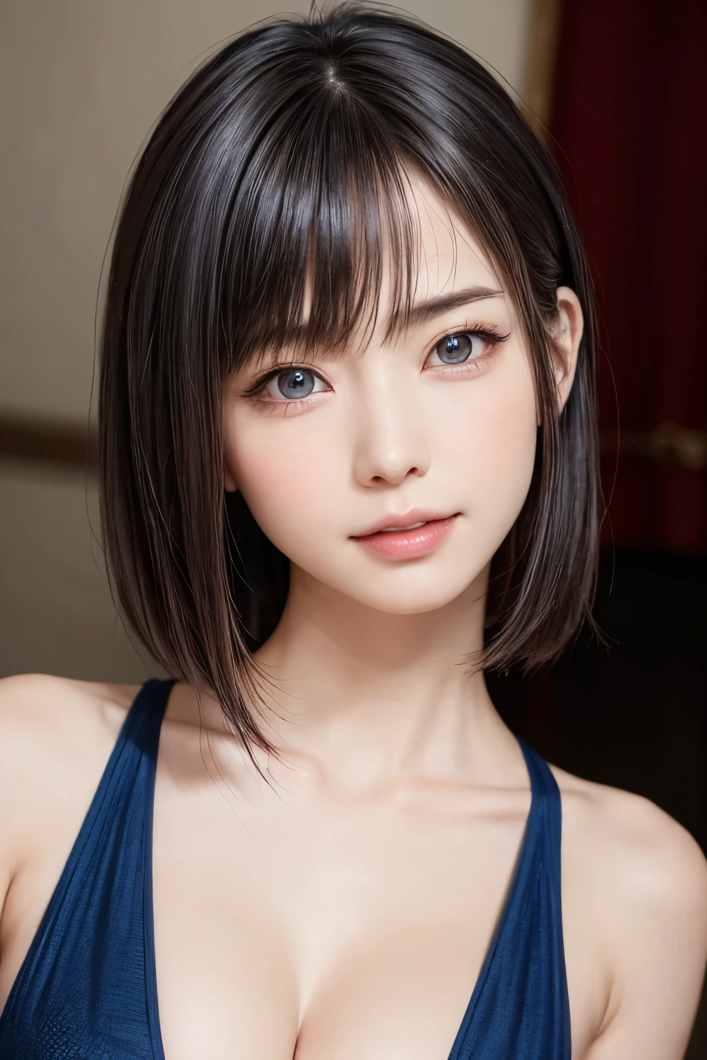 ((top quality、masterpiece、 Ultra High Definition、 dynamic angle 、is all realistic and beautifully detailed,beautiful symmetrical face、extremely detailed and beautifully drawn eyes、Light-colored eyes、Beautifully vibrant colors 、Slightly larger eyes、 Beautiful Long Lashes 、Shiny Lips、The beauty of the golden ratio、Overwhelming transparency、 smiling and staring at the camera ))、 1 female、Bangのある、Bang、Blue jet shorthair(Bangあり:1.6)、 cute and charming smiles 、beautiful teeth、beautiful neck、beautiful neckline、Natural Light、 Everyday Scene 、{detailed eyes drawn on a giant|big|detailed eyes drawn on a giant|detailed eyes drawn on a giant} chest:2, chestの谷間:2