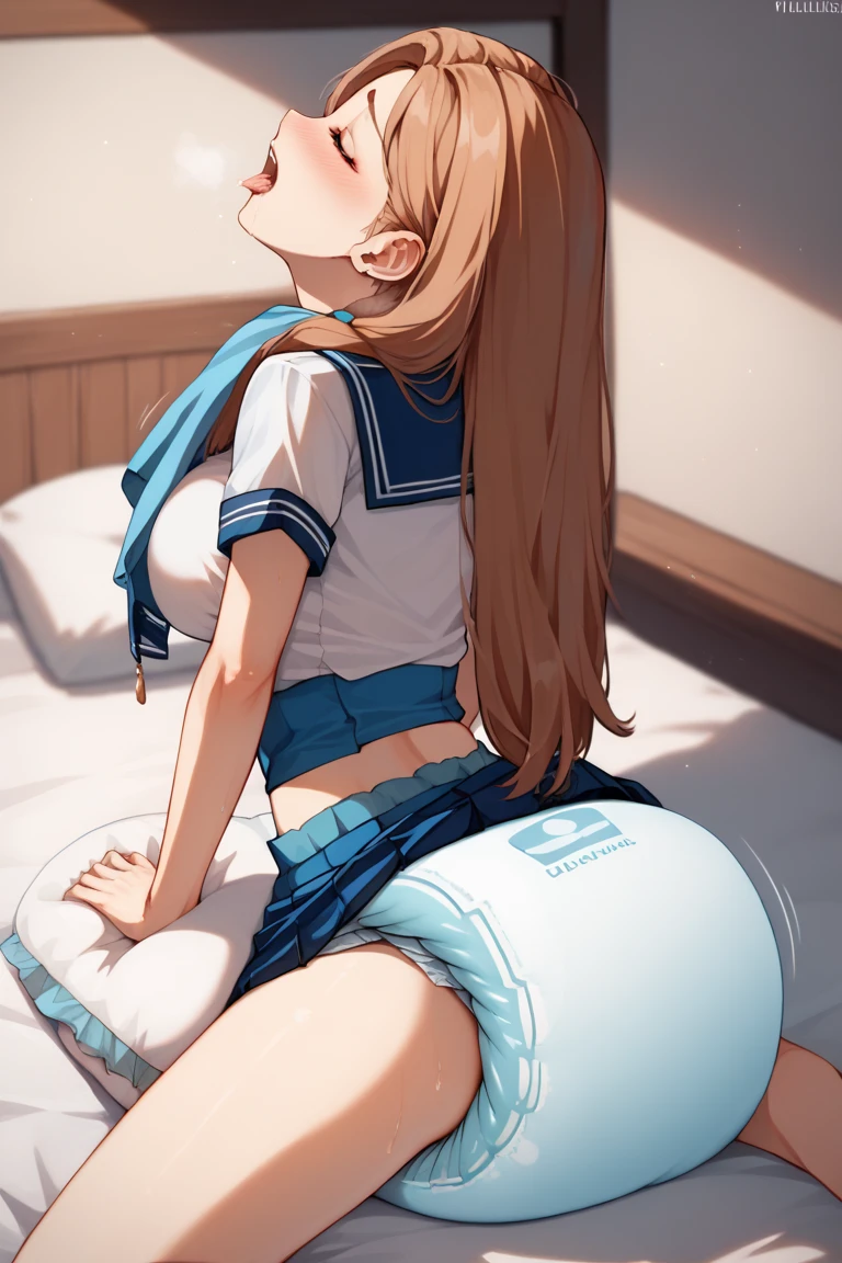 (Have sex with a man:1.6), (Beautiful ass), (Male genitalia inserted into female genitalia:1.6), (Semen dripping from female genitals), One girl, Daiwa Scarlet \(umamusume\), umamusume, Back view, Highest quality, Very detailed, masterpiece, Ultra-high resolution, 8k, High Contrast, Sailor suit, (Micro Mini Skirt), (Light blue striped see-through panties), Sticky panties, Camel Toe, Bare back, Cut back, Side bust, Black Stockings, (Thighs), (Curvy waist), Shower room, (From above)