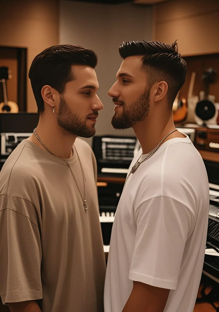 full view full body, Two hot young muscular white european gay men with undercut haircut, golden rings, necklaces, bracelets, sexy lycra clothing, kissing and touching, gay dark bar