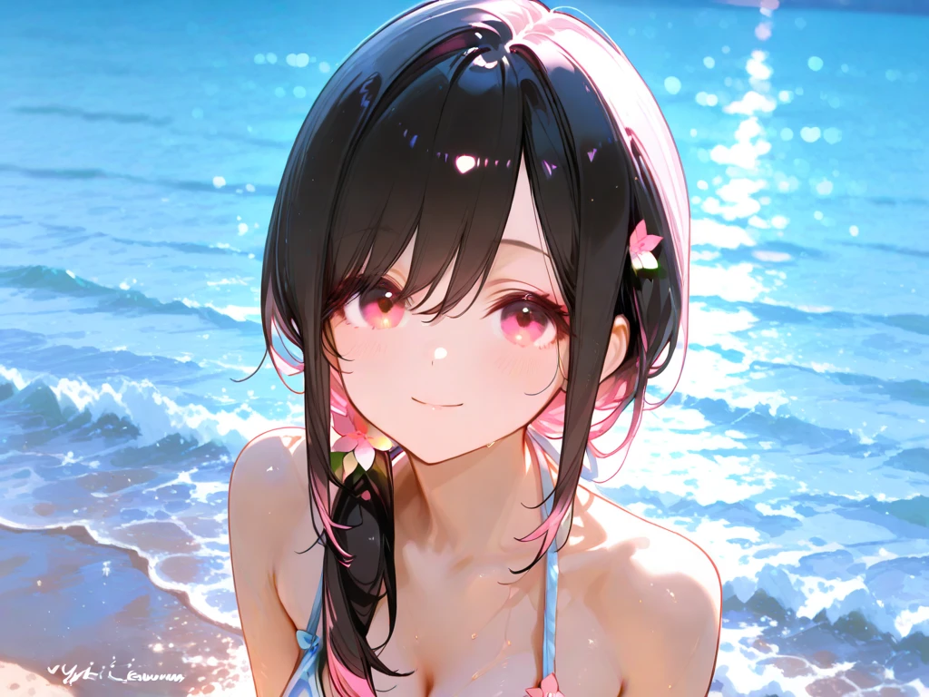 (masterpiece:1.3, Highest quality, Ultra-high resolution, Super detailed), (Realistic, photoRealistic:1.4), Beautiful illustrations, Perfect lighting, Natural light, colorful, Depth of written boundary, Surrealism,
Beautiful detailed hair, Beautifully detailed face, Beautiful attention to detail, Beautiful clavicle, Beautiful body, Beautiful breasts, Beautiful thighs, Beautiful feet, Beautiful fingers, Shiny skin,
View your viewers, 1 Girl, Japanese, 17 years old, (Perfect Anatomy, Anatomically correct, Highly detailed skin), Cute and symmetrical face, Baby Face, Perfect Face, Perfect Eyes, thin,
(Black Hair、ponytail:1.4), bangs, Purple eyes, Droopy eyes, Long eyelashes, (D Cup:1.2)、
(White bandeau bikini:1.4),
(Beautiful views), noon, Seaside, (Cute smile, Part your lips),