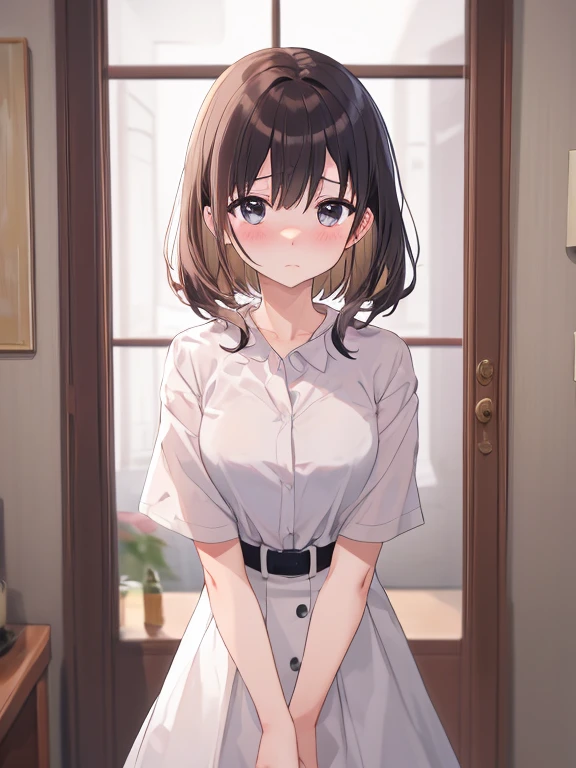 nswf,(wearing,  short sleeve:1.3),  short sleeve:,White,{{{{see through:bra:1.5}}}},{{school uniform, short sleeve are wet with water}},Top quality, 1 beautiful Japanese woman, teen,high school student,(18 years old),medium hair, (Black hair:1.2), Ultra-realistic capture, Highly detailed, High resolution 16k close-up of human skin. Skin texture must be natural, With such detail that pores can be finely identified. Skin should look healthy, In a uniform tone. Use natural light and color,