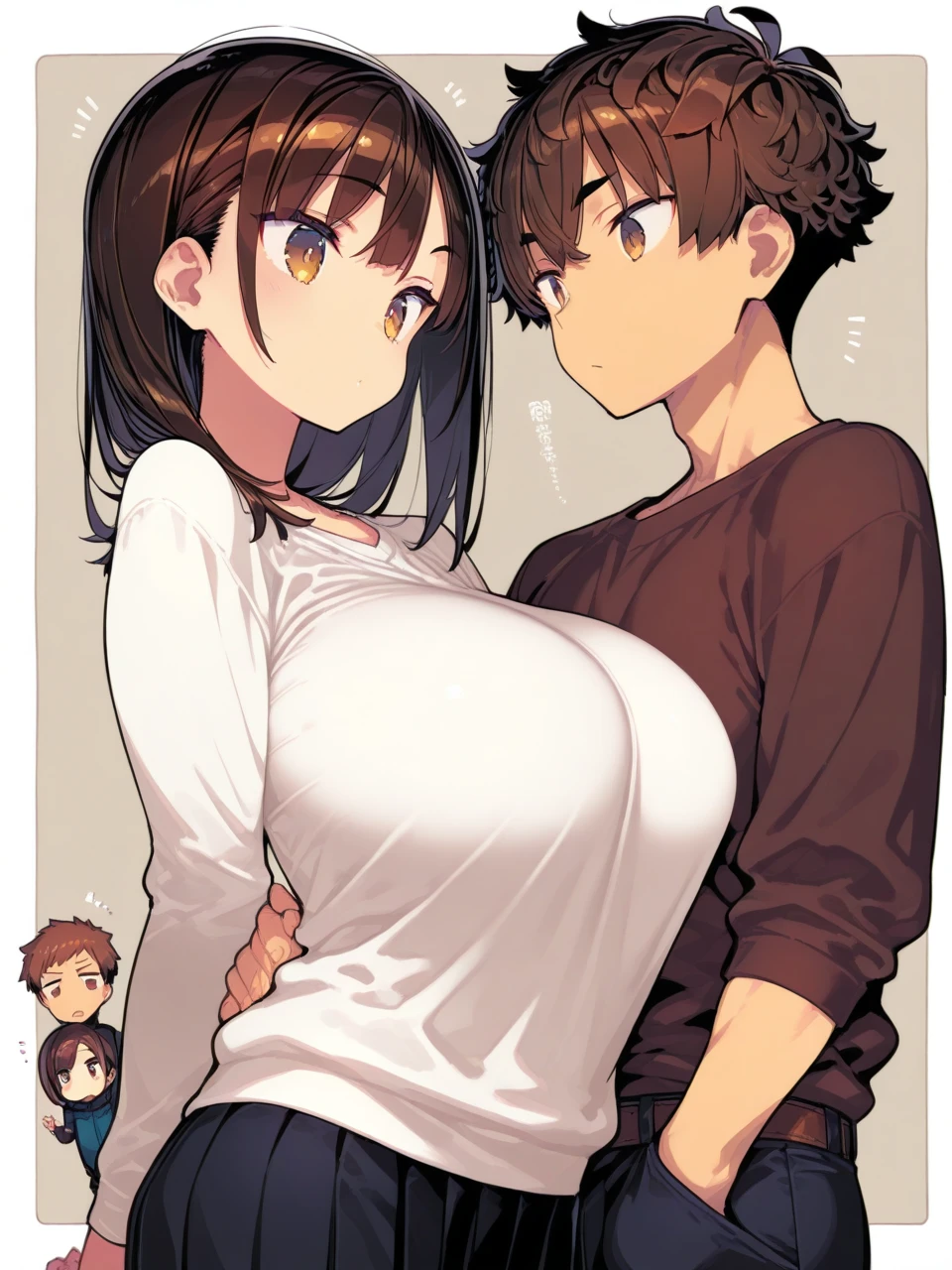 score_9, anime_source, 1female, clear face, big breasts, brown hair, long hair, brown eyes, navy blue T-shirts, bedroom, 1boy, Shota, black hair, standing, side by side