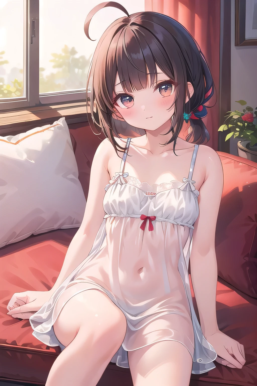 (super flat, flat shading, flat color:1.1)、(magazine cover)、An illustration、(One Asian boyish girl)、(cute:1.2)、Very beautiful 14 year old girl manga、cheeks are red、(high detail skin: 1.2)、embarrassed look、open your mouth、Photorealistic anime girl rendering、Realistic anime 3D style、beautiful brown hair、intense black eyes、strong eye highlights、(get used to it、Medium chest)、perfect anatomy、(sweaty)、Pale pink underwear、(wet with water)、spread your legs、head tilt、sit on the sofa、((heart cutout))、volume lighting、soft light、bright、Light from behind、bright色、watercolor painting、shortcut、hair band、frills、