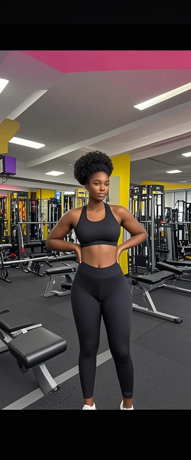 ONE GIRL. best quality, ultra-detailed, hyper realistic, 8k, full body shot, 23 years old, Nigerian beautiful girl, round shaped face, dark black skin, highly detailed skin with blemishes, ebony, dark natural afro hair, fit athletic figure, full body, big natural E cup breasts, wide hips, wearing a gym outfit, cleavage, provocative expression, looking at her legs, sexy alluring pose, shinny wet skin, posing in a gym