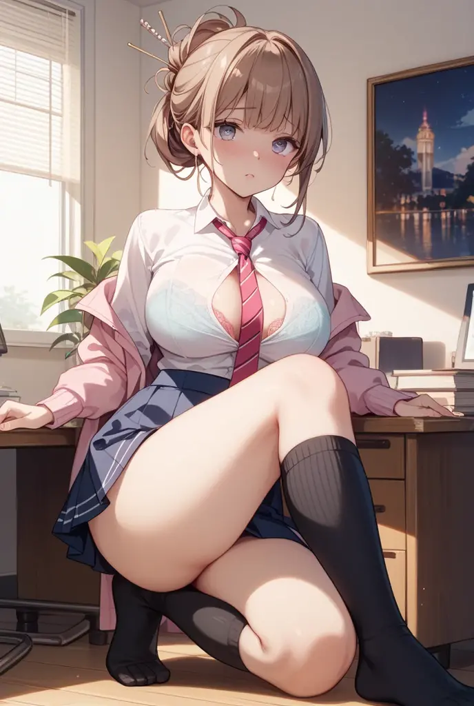 8K, top-quality, real image, intricate detailes, The ultra-detailliert, 超A high resolution, Depth Field,(Photorealsitic,realisitic:1.2),masterpiece, 0.25 :: a closeup , straight-on shot , from miiddle , 1girl, ai_chan, an extremely beautiful 17-year-old girl, Innocent big eyes, (Brown_SHORT_hair), (GREEN_eyes:1.0),(bangss),dishevled hair,(hair clips), perfect glossy skin, flawless skin, fair white skin, huge-breasted, cleavage of the breast, narrow waists, thin blush, 独奏, looking at the viewers, Light smile, The Perfect Five Fingers, chubby under the clothes、perspiring、 wear((school_uniform)、(white_skirt)、(BLUE_Long_Tie)、(BLUE_pleated_skirt)、(Black_pantyhose):1.2)、 (Gravure Pose:1.1)、 Sunset High School in Japan ,Flipping up the skirt with your hands、Show white panties、Pull up your skirt and show your panties、huge tit、Functional、Show white panties、Flip the skirt、Skirt flipping、Roll up the scar by hand、Show underwear、Show off your pants with your own hands、Panchira、bare-legged、opening legs、Open legs、bare-legged、Large open legs、Panties digging into the crotch、