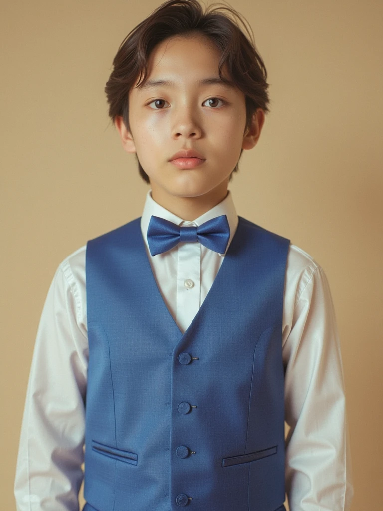 a boy in a blue jacket and red bow tie holding a magnifying glass, shinichi kudo