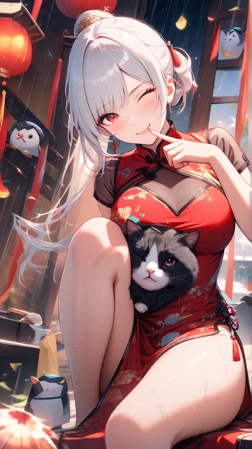 masterpiece, high resolution, high quality, red cheongsam, eatery, big breasts, cat ears, floral pattern, yellow eyes, gray hair, twin tails