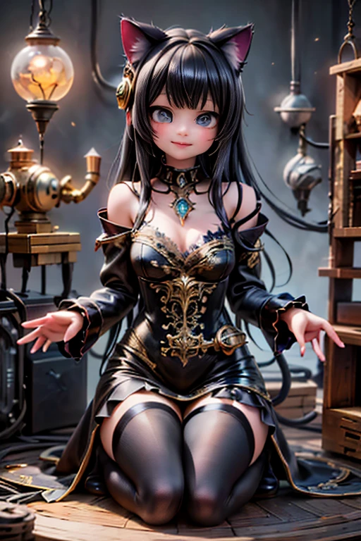 a cute vampire queen smiling, queen crown, wearing a queen dress, pumps, driving a steampunk machine