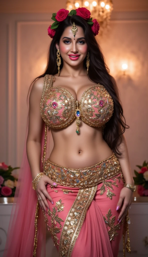 (The ultimate beautiful dark skinned woman、Plump figure) Age 25, Detailed facial features, Reddish brown hairstyle、Lip details, Big eyes with double eyelids (1.4), Full of smiles, smile、(((Stiletto heels、Very tall、The whole body is visible、A large hair ornament with many bird feathers、Confetti)))、Big and ample breasts, prominent thighs, (((big diamond earrings、Samba Carnival Costume、Gorgeous sequined outfit、Gold costumes、Costumes with lots of intricate detail、Very extreme costume、Clothes that expose a lot of skin、Micro bikini type costume)))、 Perfect Image Realism, Rio Carnival Streets、 Detailed costume, Perfect lighting, Hyperrealism,