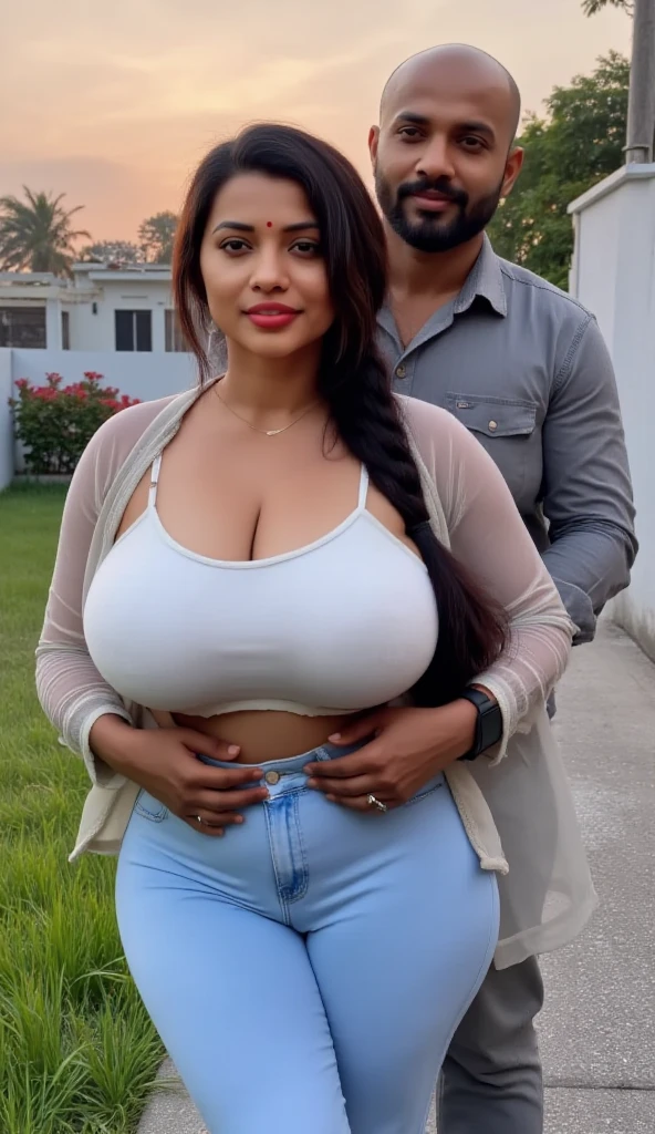 1 man, 1 woman, Face: supermodel erotic, slutty makeup, celebrity makeup, erotic make-up,Big breasted, sexy mature++ erotic face, feminine, long haired, chubby navel, smiling mature 40 year old Malay mother++ dancing erotically beside her alpha, muscular, big-bearded young++ dark complexion lover with husband watching in bushes,