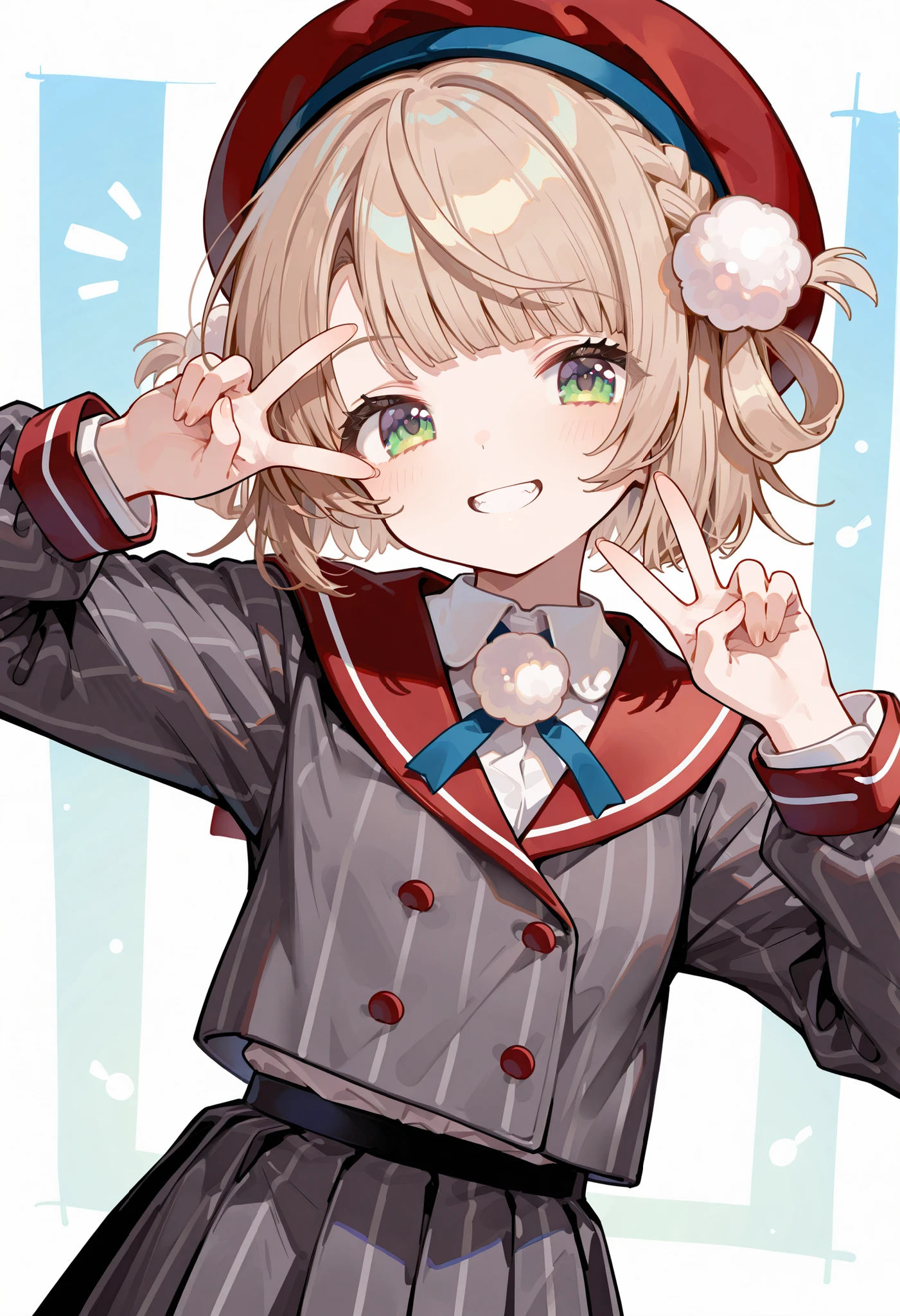 score_9, score_8_up, score_7_up, source_anime,dutch angle, absurdres,masterpiece,perfect anatomy,high resolution, ultra-detailed,beautiful detailed eyes,shigure ui (vtuber),beret,red headwear,light brown hair,short hair,hair rings,pom pom hair ornament,side braid,french braid,blunt bangs,green eyes,
school uniform,grey jacket,vertical-striped jacket,red sailor collar,neck ribbon,pom pom (clothes),collared shirt,white shirt,long sleeves,red wrist cuffs,double-breasted,grey skirt,pleated skirt,vertical-striped skirt,red socks,loafers,standing,upper body,grin,(double v over eye),