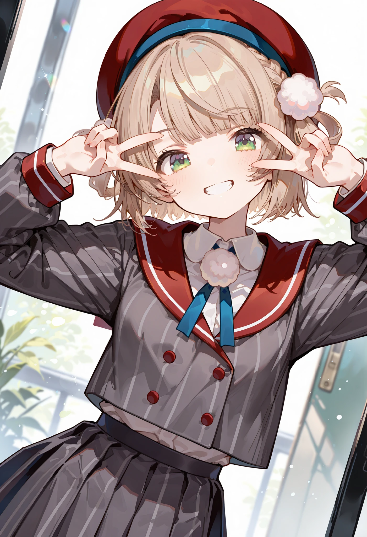 score_9, score_8_up, score_7_up, source_anime,dutch angle, absurdres,masterpiece,perfect anatomy,high resolution, ultra-detailed,beautiful detailed eyes,shigure ui (vtuber),beret,red headwear,light brown hair,short hair,hair rings,pom pom hair ornament,side braid,french braid,blunt bangs,green eyes,
school uniform,grey jacket,vertical-striped jacket,red sailor collar,neck ribbon,pom pom (clothes),collared shirt,white shirt,long sleeves,red wrist cuffs,double-breasted,grey skirt,pleated skirt,vertical-striped skirt,red socks,loafers,standing,upper body,grin,(double v over eye),