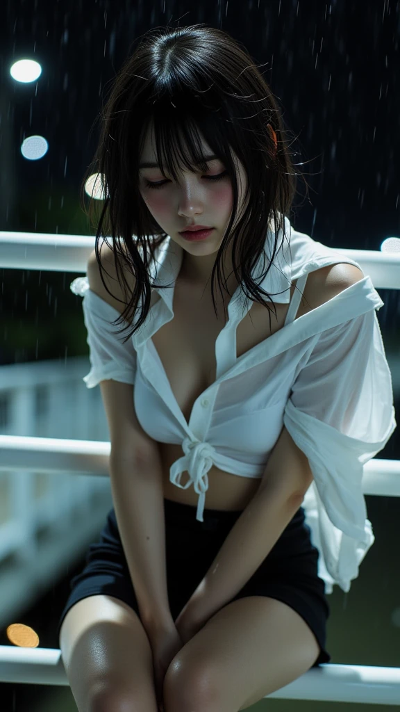 (8k, Photorealistic, Raw photo, Highest quality: 1.4),Japanese idol-style beautiful girl,1 person,17 years old,(Short Bob),(Black),She has her hair tucked behind her ears,Clear grey eyes,Eyes moist,Long eyelashes(piercings(small)),(Lip gloss),lips(Plump,glossy),Thin and delicate shoulders,thin abdomen,(Open shirt),(Pleated skirt(Plaid)),(loafers),On the way home from school,Sudden squall,Soaked from head to toe,My shirt is wet and transparent,Full body snapshot