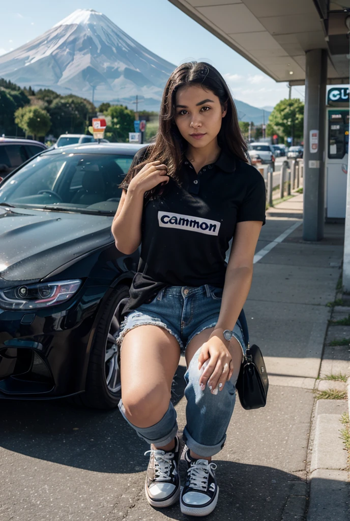 brownskin women big attributes flirty face on a car looking the camera with a blue short shirt
