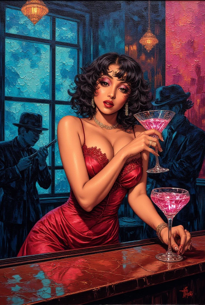 Master Piece, best quality, (extremely detailed CG unity 8k wallpaper), (best quality) 8k detail. COMIC ART, there is a woman in a red and black dress standing next to a flower, inspired by George barbier, digital art of an elegant, inspired by Alberto Vargas, inspired by Asaf Hanuka, in style of digital illustration, inspired by José Comas Quesada, costume design made with love, by Virginia Lee Burton, stylized digital illustration, traditional Vietnamese dress with gold lace and double side slits.  Inside a modern Spa with star cast ceiling, swimming pool, 12  full body red spa chairs, recessed ceiling lights,  
