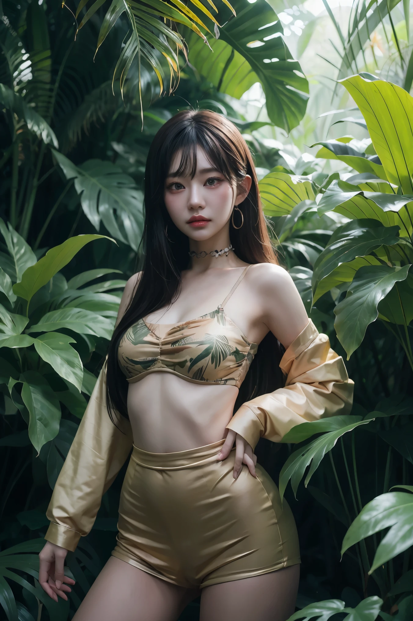 Beautiful women have beautiful bodies, black eyes, bright yellow skin, there are small flowers on their ears, plump body, body covered with a piece of cloth,