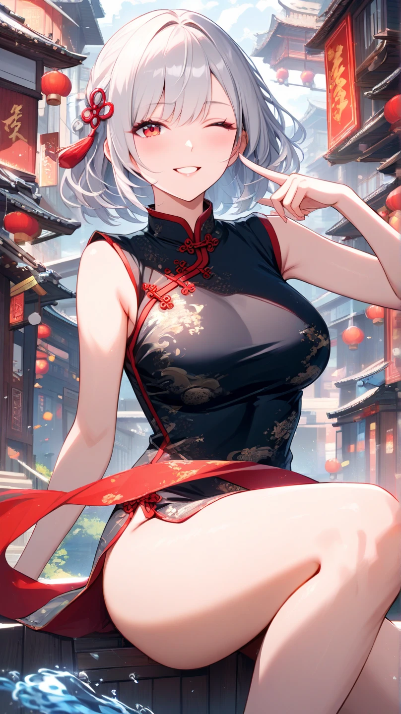 1 girl, game CG, red cheongsam, cleavage visible, short cheongsam skirt, gigantic breasts, silver hair, short hair, french braid, yellow eyes, smile, one eye closed, dynamic, outside,