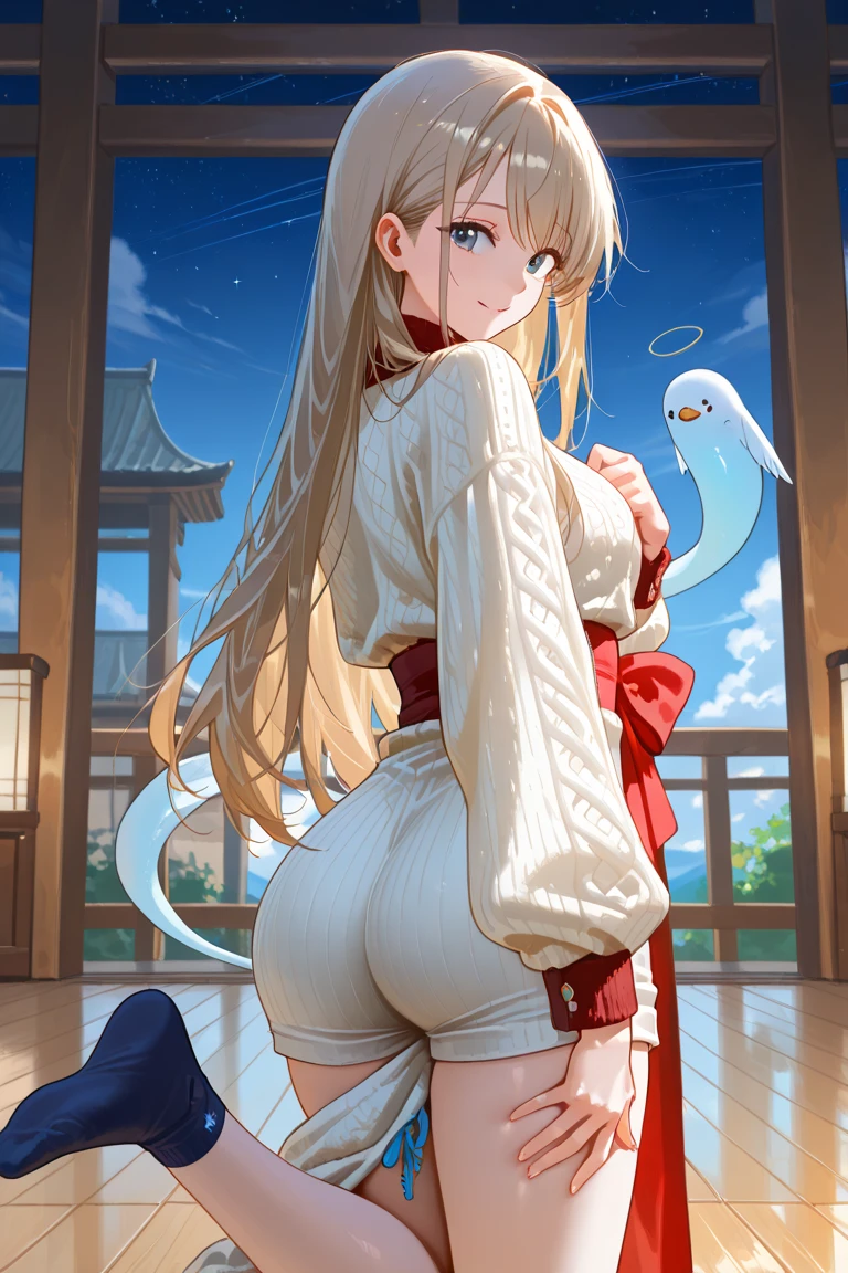 Fox Girl Blonde Short Hair Miko costume On all fours View from behind Lift your butt