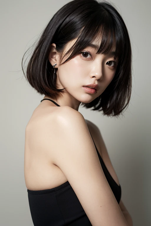 real photograph, (masterpiece), (highest quality), (Super detailed), (messy hair), (shape), (one japanese girl), (chiffon frill bikini), big breasts, Are standing, Fashion Model, (simple cyaan green background), fine and beautiful eyes, pretty faced, floating, (high color saturation), focus on face, black bob cut hair, floating Hairs, (shining), best writing, best shadow,