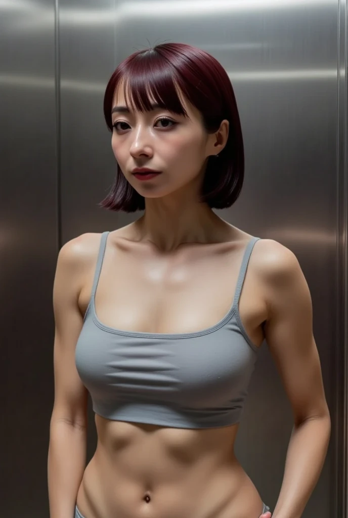 High resolution、masterpiece、highest quality、ponytail、adult woman、Japanese、Little tan、White Tank Top Shirt、Pants are jeans、black leather gloves、Work clothes、arms crossed、little sweat、A slightly glaring look、The corners of the mouth are slightly raised、muscular、お腹のAbs are visible、I can't see the nipple swelling、brown hair、Abs are visible、eye shadow、Raise your arms、put your hands behind your head、whole body、