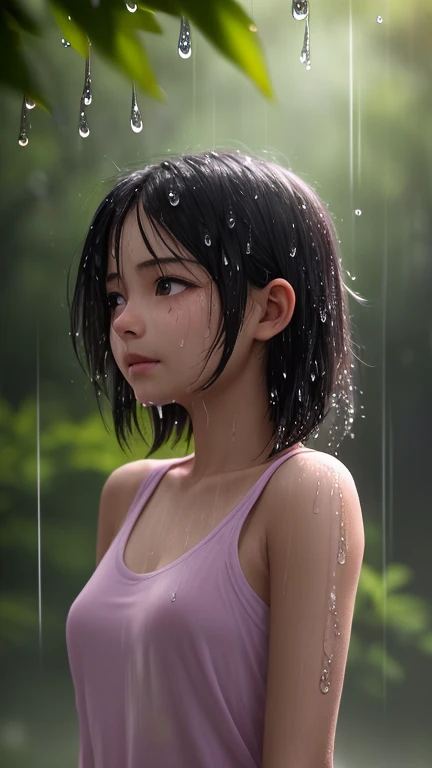 The girl wearing a black football shirt was wet with water but smiled sweetly


