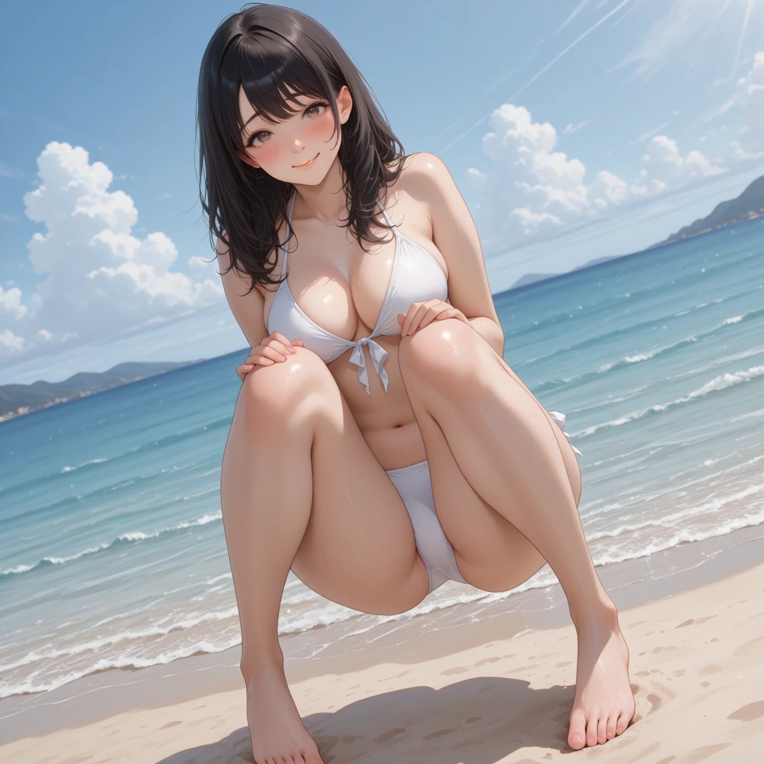 masterpiece, Highest quality, Highly detailed illustration, Beautiful face in every detail, Perfect Anatomy, Realistic,Take a full body photo, woman,((high school student,cute,Black hair ponytail))、(topless:1.4、Erect nipples),Wearing a micro bikini,cute smile,On a deserted tropical beach,Nudist Beach、Spread legs,sitting down