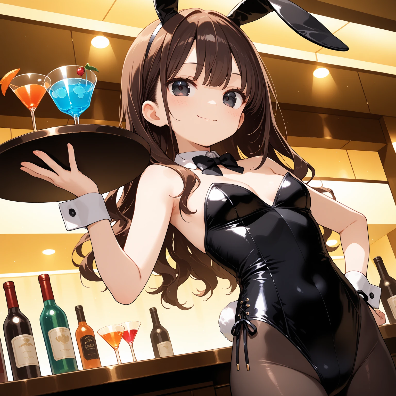 (top-quality、in 8K、32K、masterpiece、nffsw、ighly detailed、Impresionismo、Photorealsitic:1.2)、Full body, (a bar counter、shop front:1.4)、cara simetrica y hermosa, deep-shadoweauitful face、blurry backround、20-year-old beauty、shinny skin, Beautiful wavy golden hair、 poneyTail、Blue eyes, Beauitful face、blurry backround、 Bunny Girl、High-cut leotards、a bow tie、White cuffs、Thighs wrapped in fishnet stockinglack rabbit ears、Have a tray of liquor、sit on the table、Shy smile、Curve, uncensored, nsfw, very hot