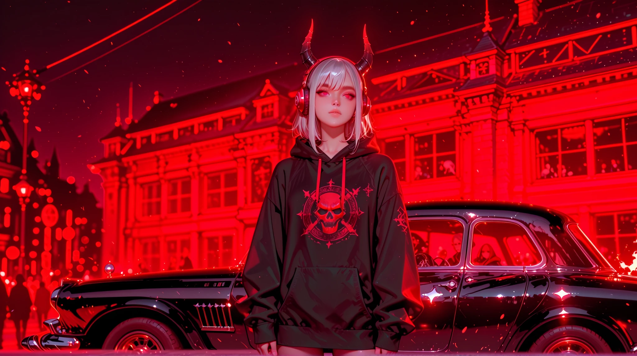 1 girl, one girl pic, Anime-style full-body (cowboy shot) of a 17-year-old female Oni with silver hair, red eyes, small demon horns, and wearing bright red headphones. She has a teenage look, dressed in a casual jacket with a hood (hoodie), urban streetwear style. Slightly mischievous or aloof expression. Background simple or softly blurred. High-detail shading, clean line art, vivid colors. Sie sitzen auf der Kapuze eines pinken Vintage-Cadillac, mit Freude Baumwolle essen. Ihre Outfits kombinieren Pastelltöne mit gotischen Accessoires: Bögen, Seil, Sneaker mit Nieten, Ärmel zu groß, Plateaustiefel. Eine hat zwei Schleifen und die andere hat mit Accessoires gefärbte Haare. Hinter ihnen, Eine Kinoleinwand im Freien leuchtet unter dem Nachthimmel mit Neonlichtern. Die Atmosphäre ist verträumt,  nostalgisch, mit einem Hauch Surrealismus. weiches Licht, Anime-Ausdrücke, detaillierte Kleidung und lebendiger Stadthintergrund."

