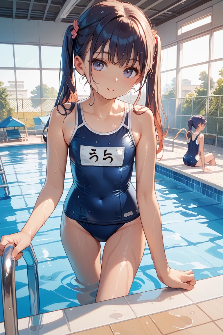 Highest quality、High resolution、Detailed Background、(Beautiful face in every detail:1.4)、Anatomically correct、(Detailed facial expressions)、(fine grain:1.2)、8-year-old beauty、cuteカラーの髪色、Braided Ponytail、Braided bob cut、Braided twin tails、Navy School Swimsuit、(Flat Chest)、Perfect body line、Thick thighs、Please show me your whole body、
(Five beautiful girls in school swimsuits having fun in the school pool:1.5)、
Big smile、Laughing with your mouth open、My whole body is wet、My hair is wet too、Fun atmosphere、Embrace each other、cute仕草、cute