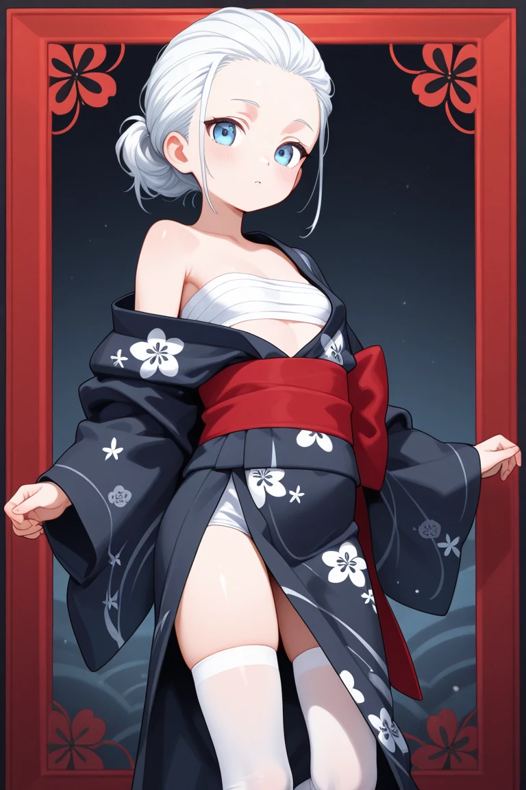 BREAK Perfect Anatomy、Highest quality、(High resolution:1.2)、Unbelievably absurd:1.3、Incredible illustrations、(Cute illustrations:1.2)、(Beautiful background,classroom)、1gial(Silver hair, blue eyes、Bobcut(child,(a girl, , height 1.3meters, 30kg),,10-year-old,flat chest、dark skin:1.5)(flat chest)(Shrine maiden costume,stockings)(dutch angle,cinematic angle)